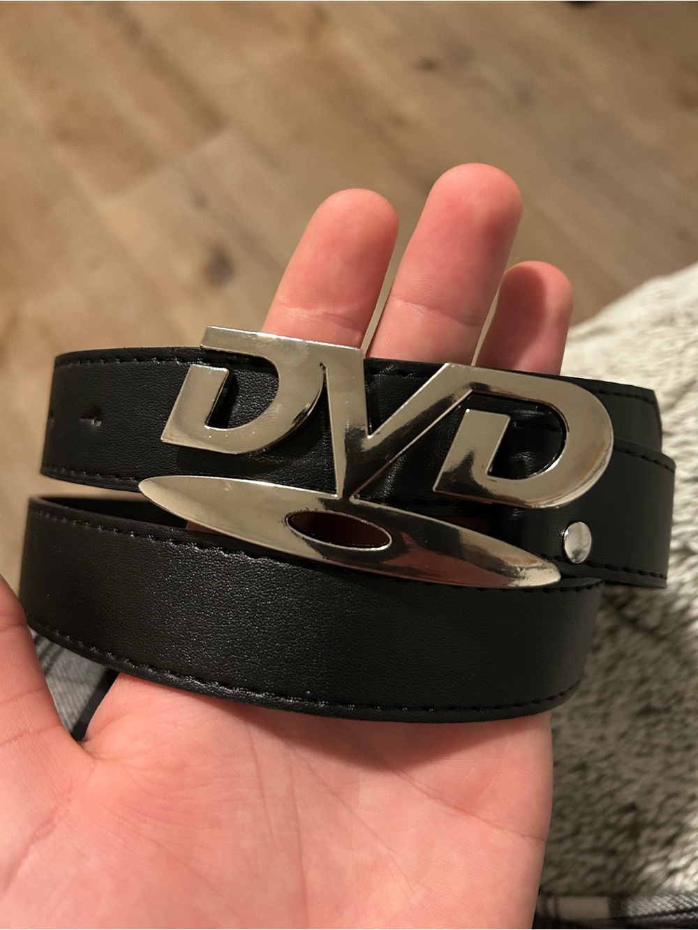 Vintage Black Leather Belt with Silver DVD Logo Buckle